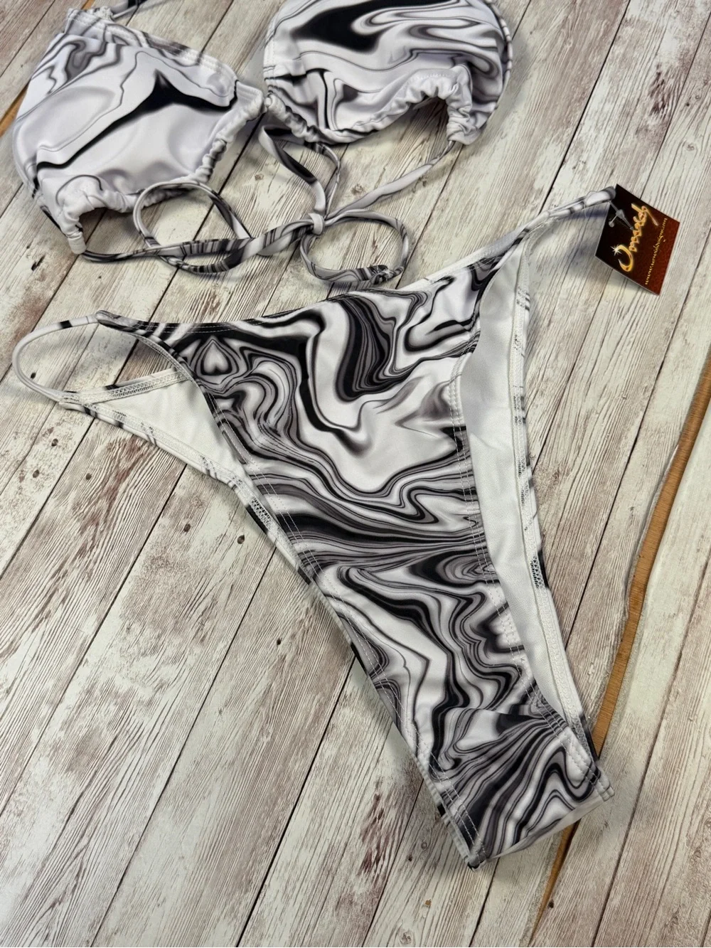 Marble-Print Ruched Mini Dress with Matching Bikini